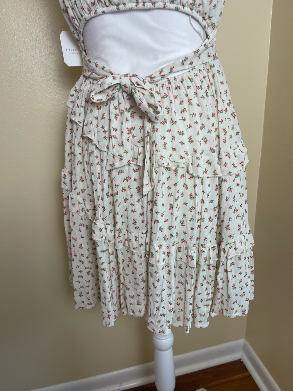 Coquette Floral Ruffle Mini Dress Tiered Cottagecore Tie Back Cutout Sundress M - Picture 13 of 16